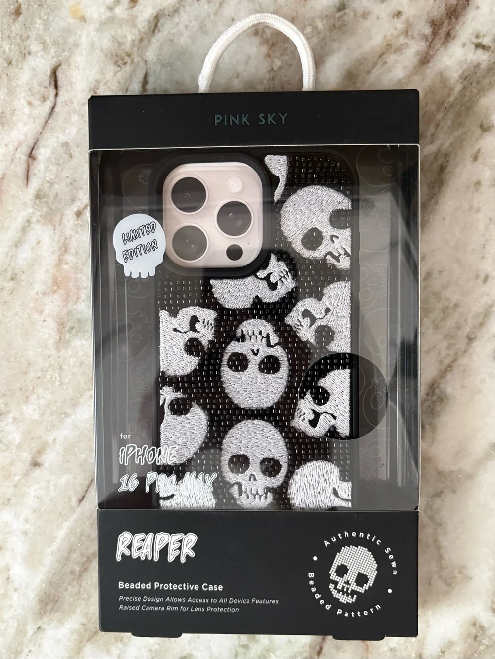 💀 iPhone 16 Pro Max Reaper Beaded Protective Pink Sky Case Black White Skull NWT